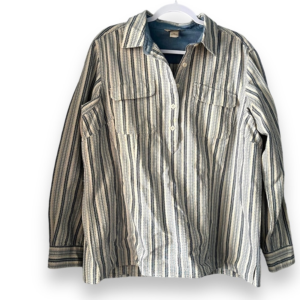DULUTH Trading Blue & Ivory Striped Popover Button Up Shirt Size XL FLAWED